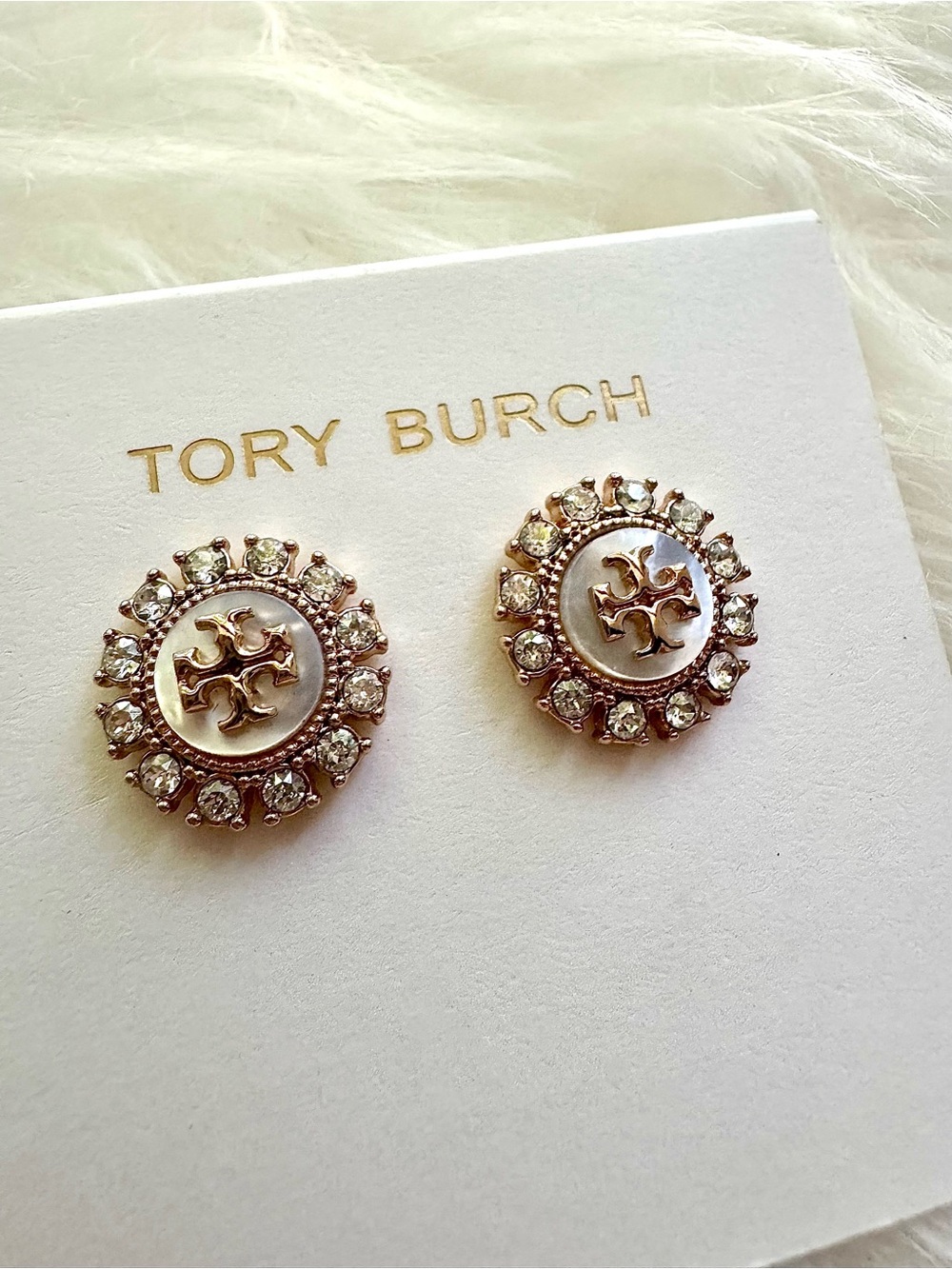 Tory Burch Earrings Gold and Pearl Logo Crystal Studs NWT